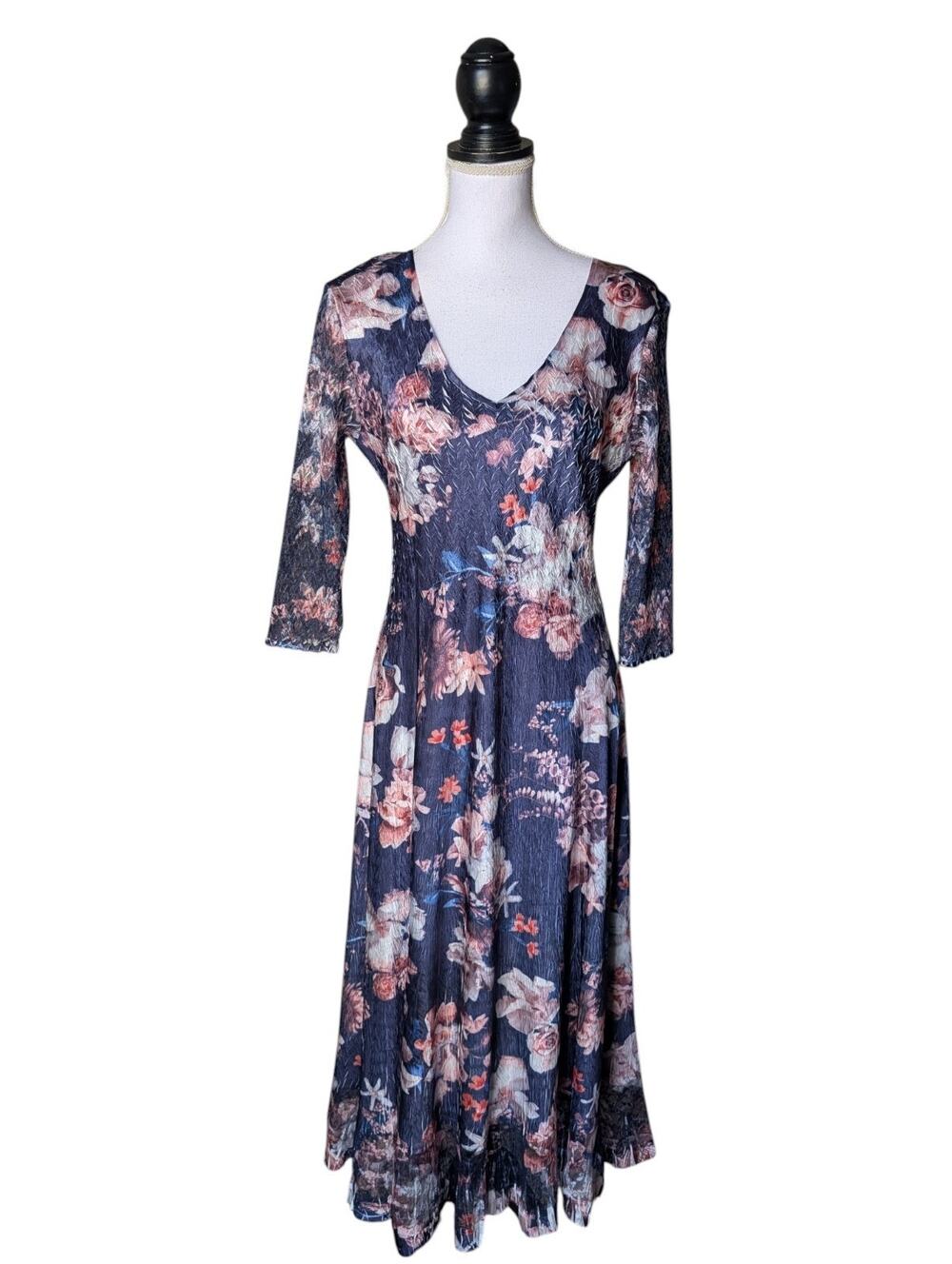 Komarov Navy Blue Floral 3/4 Sleeve Crinkle Midi Dress Sz P/XL Petite XL V Neck